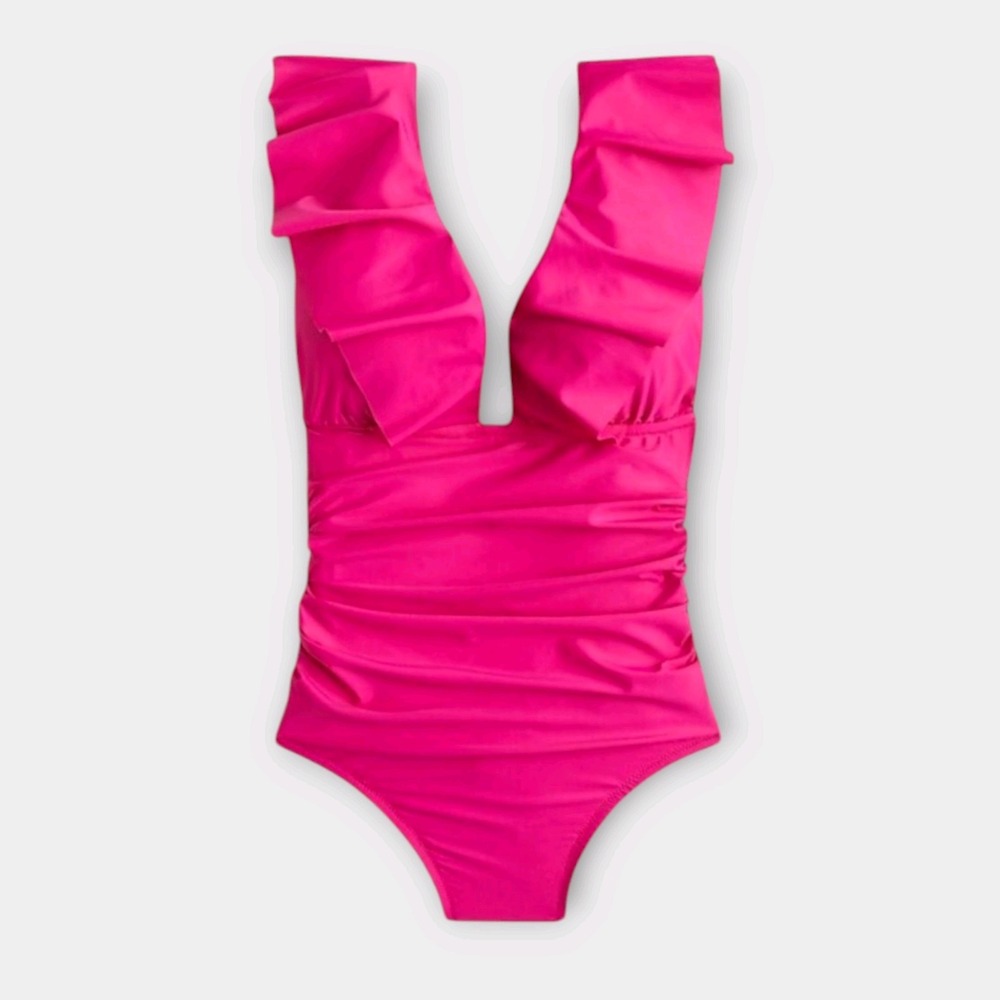 J. Crew Ruched Ruffle One‎ Piece Swimsuit Size 4 Pink Deep V Neck NWT